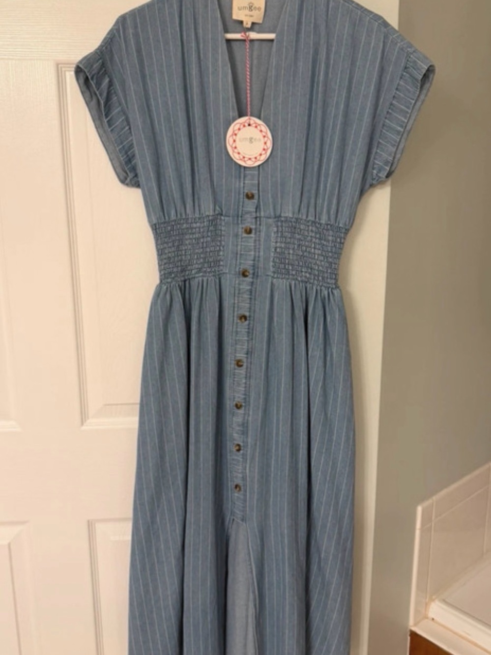 Umgee Light Blue Pinstripe Button-Front Shirred Waist Dress